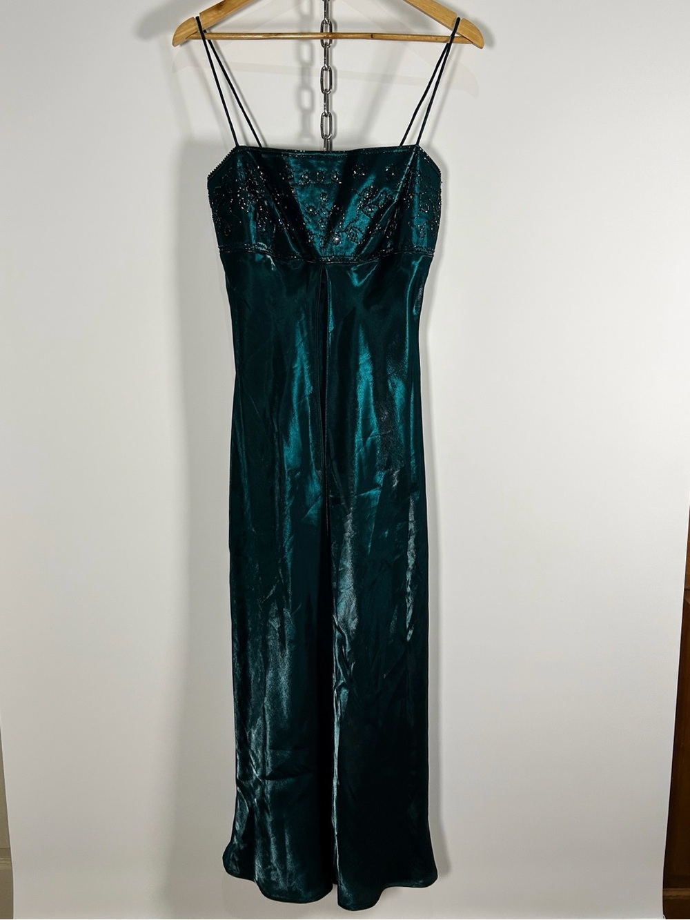 Vintage Morgan and Co Emerald Satin Embroidered Beaded Maxi Dress
